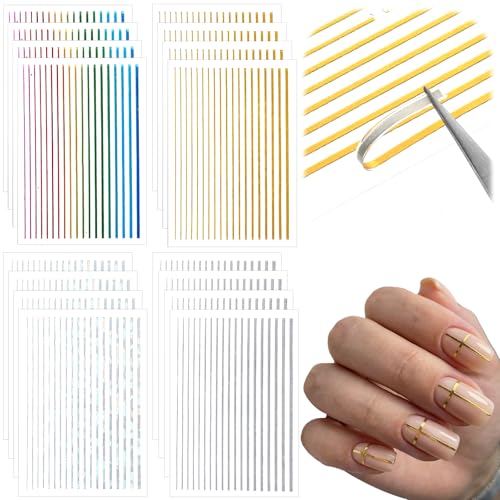 Yuanchu 16 Sheets Nail Sticker, French Line Stickers Gold Silver Multicolor Nails Striping Tape for DIY Nail Art Decals Manicure Designs