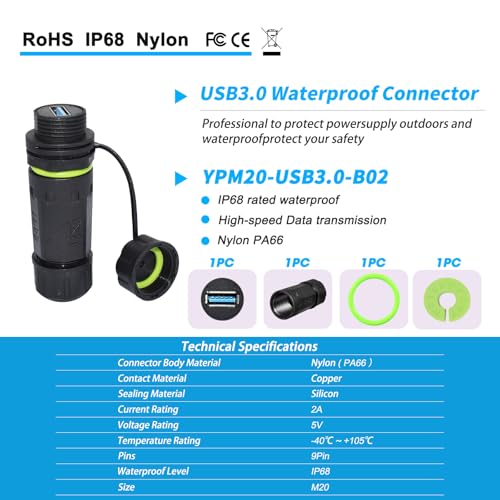 Conector USB panel impermeable IP68, pack 2 piezas miniatura 4