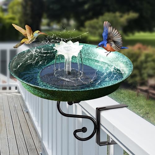 Yiabivo Deck Mounted Bird Bath with Solar Fountain,Solar Railing Bird Bath Fountains for Hummingbirds,Adjustable Metal Durable Deck Bird Bath Holder for Outdoor Railings, Patio Deck,Garden