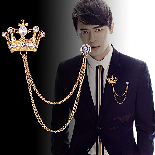 2PCS Men's Crown Hanging Chain Brooch with Stone Detailing, Engraving, Metal Crystal, Suit Stud Lapel Pin, Vintage Rhinestone Breastpin Wedding Brooch Pin, Gold and Silver4