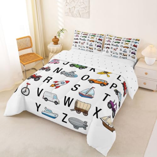 Image of Feelyou Excavator Kids Comforter Fire Truck Police Car Boys Comforter Set Helicopter Motorcycle Ambulance Toddler Bedding Set Alphabet Vehicle Cars Quilt Set Decor with 1 Pillowcase 2Pcs Bedding Twin