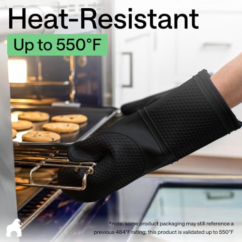 Image of Gorilla Grip Silicone Non Slip Oven Mitt Set, Flexible Oven Gloves, Professional Heat Resistant Kitchen Cooking Mitts, Protect Hands from Hot Surfaces, Cookie Sheets, Black Pair, Set of 2