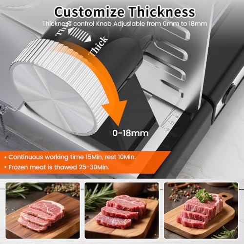 Image of Meat Slicer Machine for Home - Electric Deli Slicer for Home & Kitchen, Food Slicer with Adjustable Thickness, Meat Cutter Machine for Frozen Thawed Meats, Jerky, Bread, Deli Meats (Silver & Black)