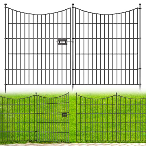 5 Panels Decorative Garden Fence with Gate, 32 in(H) X 12 ft(L) No Dig Dog Fence Animal Barrier Outdoor for Yard, Rustproof Metal Garden Edging and Borders, Temporary Fencing Stakes