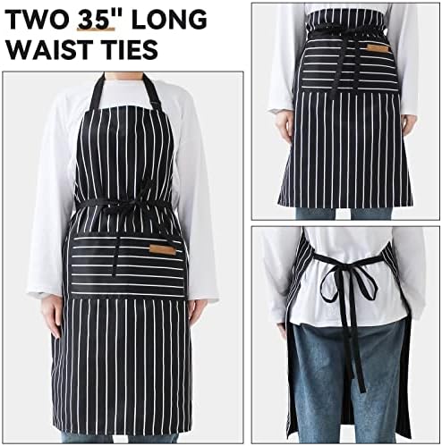 NLUS 2 Pack Kitchen Cooking Aprons, Adjustable Bib Soft Chef Apron with 2 Pockets for Men Women(Black/Brown Stripes) - 4