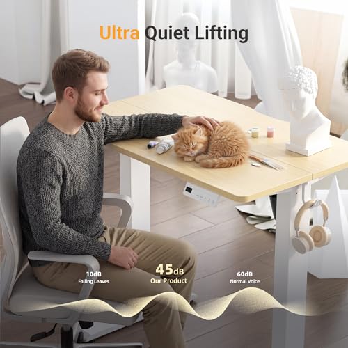 Image of YDN 32 inch Small Electric Standing Desk Adjustable Height, Sit Stand up Desk with Memory Presets & Cable Management, Home Office Desk for Office & Computer Workstation, White Frame /Nature Top