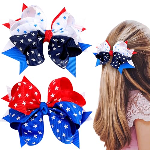 4th of July Bow Hair Clips Patriotic Hair Accessories Hairpins for Kids Girls, Patriotic Stars and Stripes Hairgrips Red Blue White Bow Handmade for Memorial Day Decor 2PCS