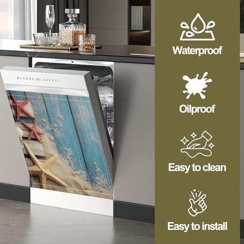 Image of Dishwasher Magnet Cover,Beach Themed Dishwasher Cover Magnetic Blue Wooden Home Appliances Refrigerator Decorative 23 inch x 26 inch