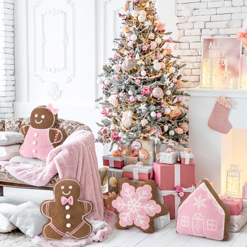 Image of HunnmingRe 4 Pcs Christmas Throw Pillows Fall Football Plush Pillows Winter Holiday Cushion Soft Decorative Cushions for Couch Bedroom Living Room Thanksgiving Xmas Decor(Pink,Gingerbread)