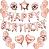 52pcs Pink Rose Gold Birthday Decorations, 3D Mylar Foil Happy Birthday Banner and 18inch Big Heart