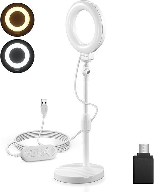 NEEWER BASICS 5"/13cm Desk Ring Light with Stand, 10W LED Selfie Light with Phone Holder Base Compatible with iPhone for Video Recording Laptop Webcam Zoom Video Conference Lighting Makeup, White BR60
