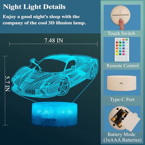 Image of Car Gifts for Men, Racing Vehicle Night Light with Remote Control, 16 Colors Changing, Timer, RGB Flashing Mode and Dimmable, Cool Gifts for Boys Christmas Decor
