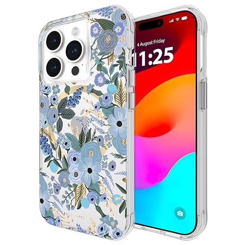 Rifle Paper Co. iPhone 15 Pro Case [Compatible with MagSafe] [12ft Drop Protection] Cute iPhone Case 6.1' with Floral Pattern, Anti-Scratch Tech, Shockproof Material, Slim Fit - Garden Party Blue