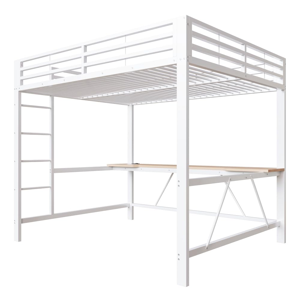 Letto a soppalco 160x200 con striscia led,USB,letto a castello bambini con scrivania Salvaspazio,rete letto in metallo da gioco con sponda,Senza materasso,atto a camere da letto,ecc(Bianco)