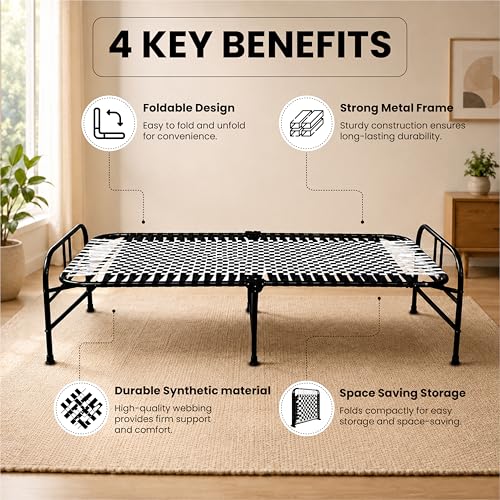 Image of Folding Bed Single for Sleeping 3x6 feet | Portable Foldable Cot for Adults | Heavy Duty Metal Khatiya Charpai Khatla Khatlo Khat| Space Saving Guest Bed for Home, Hostel, PG & Travel Use