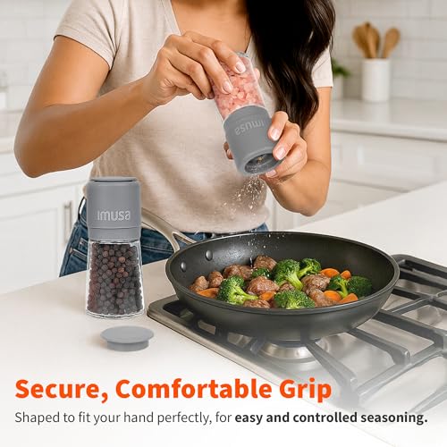 Image of IMUSA Salt and Pepper Grinder Set, 2-Pack, Manual | Adjustable ceramic core for fine-to-coarse grinding, ergonomic grip, glass base resists stains, 6oz means fewer refills