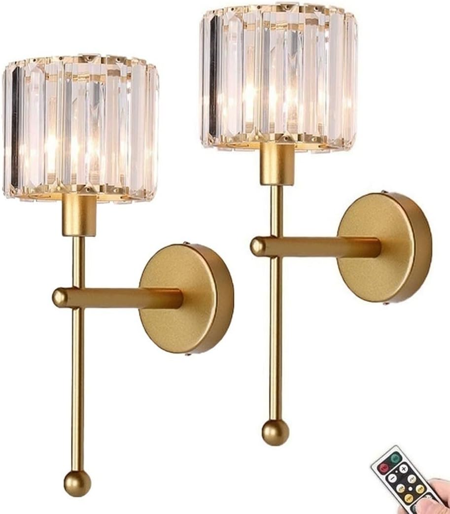Modern Glass Crystal Wall Sconces Battery Operated Set of 2, Gold Rechargeable Wall Lights with Remote,Non Hardwired Clear Wall Lighting Fixture Brass for Bedroom Bathroom Living Room Porch