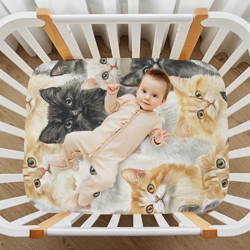 Image of Vintage Cats Cute Crib Sheets Soft Breathable Fitted Baby Crib Sheets Mattress Cover for Girls Boys, 52 inch x 28 inch x 9 inch