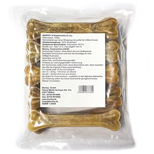 Bontoy Hundekauknochen I 10 Stück x 21 cm I Naturprodukt aus Reiner Rinderhaut I proteinreich und gut für die Kaumuskulatur ihres Hundes I Leckerli I Belohnung für den Hund