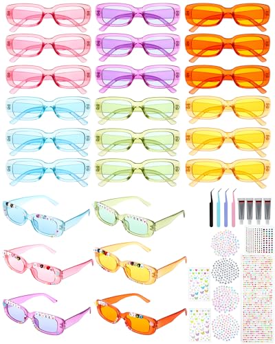 24 Pairs DIY Sunglasses Decorating Kit Popular Singer Party Favors Friendship Glasses Craft Bulk with Letter Beads Glue Tweezers Acrylic Diamond and Pearl Stickers for Women (Square Shape)