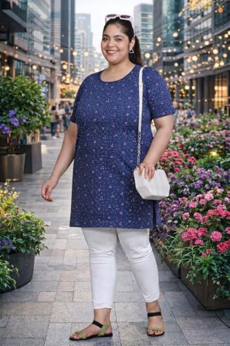 Image of RYSH Women's All-Over Printed Cotton Plus Size Longline T-Shirt with Pockets