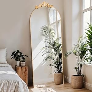 MISSDAY Vintage Baroque Full Length Mirror, 65″X24″ Antique Large Arched Full Body Mirror Freestanding with French Carving Top, Full Metal Frame Stand Up Retro Mirrors for Bedroom Living Room, Gold