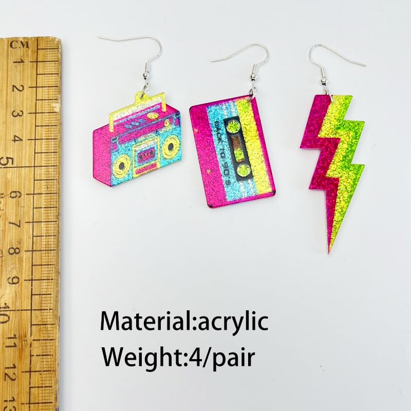 80s Neon Earrings for Women Colorful Cassette Tape Acrylic Drop Earrings Retro Glitter Radio Dangle Earrings for 80's Outfit Party Accessories2