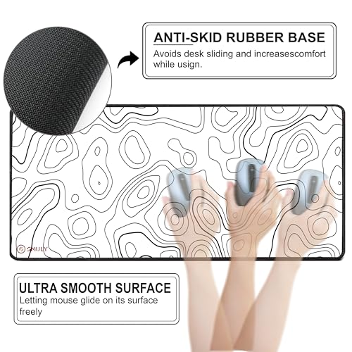 Image of White Contour Line Mouse Pad 11x23Inch 2mm Extended Gaming Desk Mat with Anti-Slip Rubber Base Mousepad for Smooth Surface Desk pad for PC & Laptop Use Waterproof & Stiched (Black /White) Deskpad