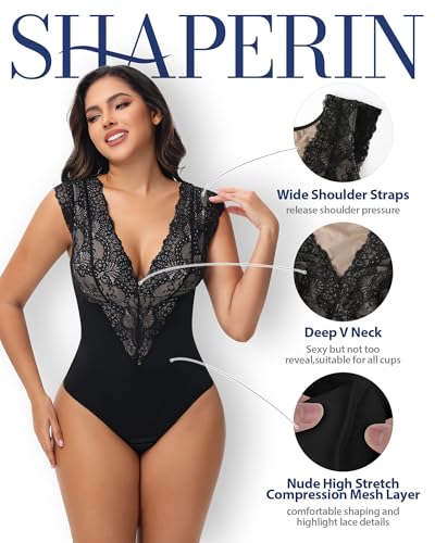 SHAPERIN Sexy Lace Bodysuit for Women Tummy Control Thong Shapewear Deep V Neck Body Suits Corset Tops Going Out Tank Top4