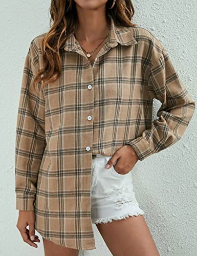 Image of HangNiFang Womens Flannel Plaid Shirts Oversized Button Shirts Blouse Tops