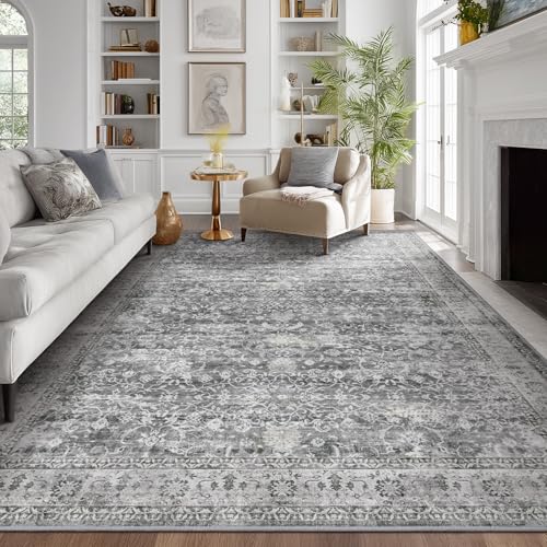 Vintage Neutral Large Area Rugs 9x12 for Living Room, Retro Grey Carpet Rug for Bedroom Dining Room, Washable Rug with Rubber Backing Low Pile Thin Soft for Family Room