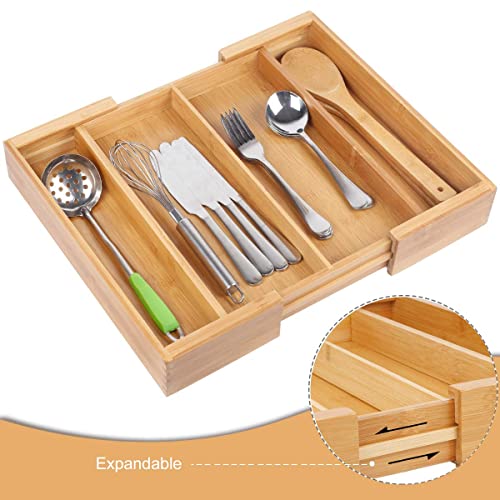Bamburoba Drawer Dividers Silverware Tray Expandable Utensil Cutlery Tray Bamboo Wooden Adjustable 4 Compartments Flatware Organizer Kitchen Storage Holder For Knives Forks Spoons #TOP6