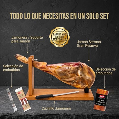 Miniatura 3 de Jamón Serrano Gran Reserva Montevalle 8 Kg 20 Meses Curado Tradicional Pack Gourmet Con Chorizo, Fuet Ibérico Y Lomo Cuchillo Y Jamonero Incluidos