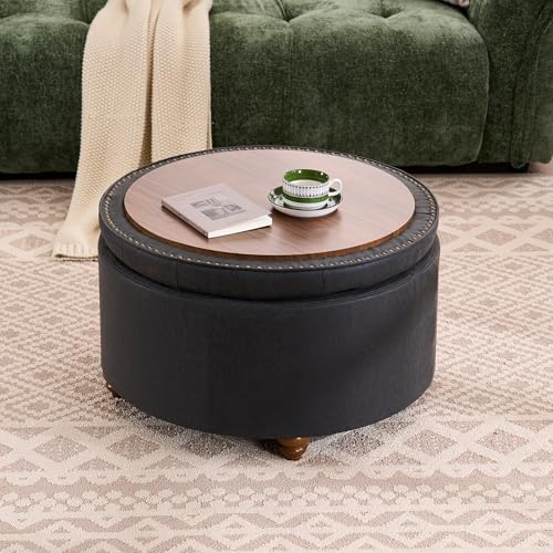 28" Faux Leather Round Storage Ottoman Coffee Table with Tray, Black