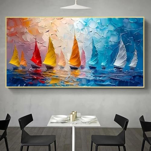 Peinture huile voilier coloré fait main grand tableau abstrait style côtier moderne salon 70