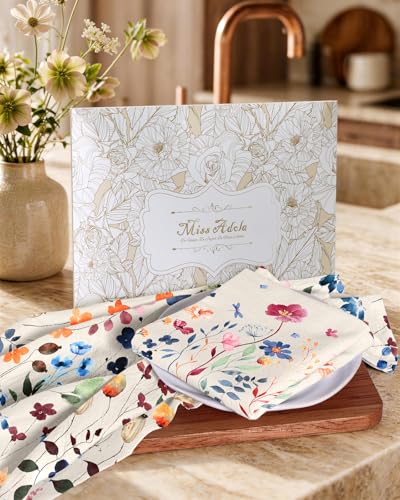 Image of Miss Adola 4PCS Flour Sack Towels - 18 inchx 26 inch Floursack Dish Towels with Hanging Loop Set of 4 Cotton Tea Towel Absorbent Retro Decorative Dishcloth for Drying Home Decor Housewarming Gift, Wild Flower