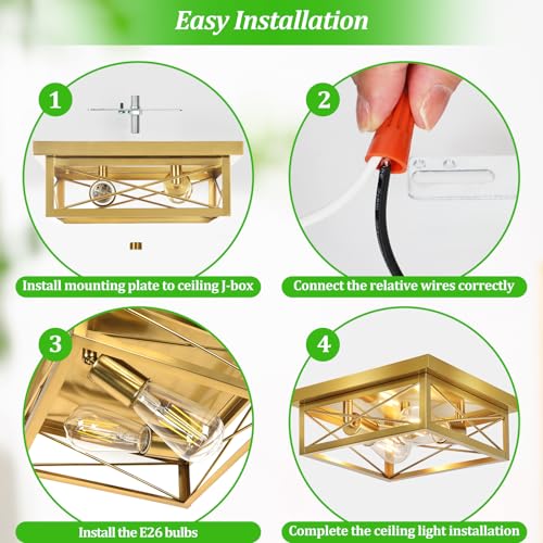 Kondras Gold Hallway Light Fixtures Ceiling, 2-Light Farmhouse Vintage Flush Mount Ceiling Lights, 2-Pack Brass Metal Kitchen Light Fixtures, Close to Ceiling Lights for Bedroom Living Room Entryway by Kondras - Image 6