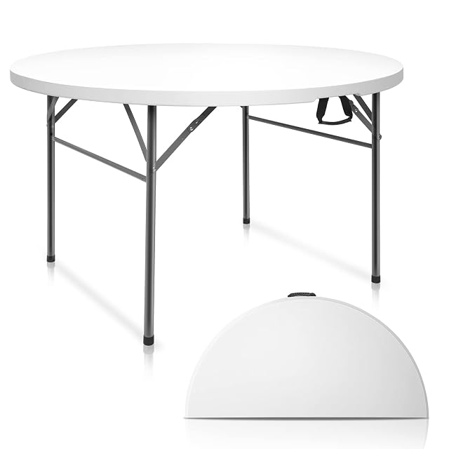 VINGLI White 48 Round Bi-Folding Commercial Table 4 Feet Portable Plastic Dining Card Table for Kitchen or Outdoor