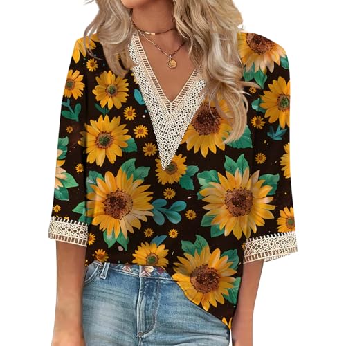 Nexavio Women Floral Printed Tshirts 2025 V Neck 3/4 Length Sleeve Shirts Tee Casual Basics Summer Fashion Tops,Bright Yellow sunflower-B38,3XL