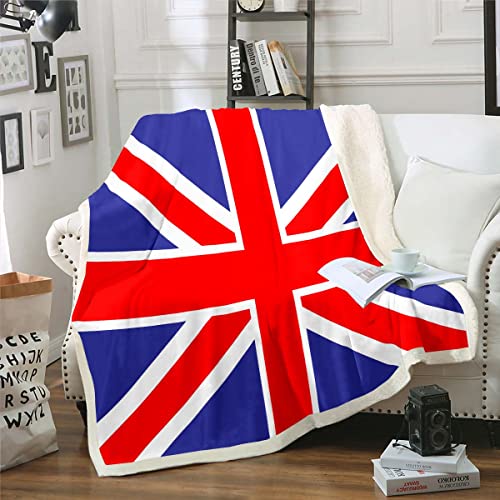 British Flag Throw Blanket Queen Size, United Kingdom Flag Plush Bed Blanket For Kids Boys Teens, Classic Traditional Flag Sherpa Blanket Geometric Stripes Fleece Blanket Bedroom Decor, Red Blue #TOP1