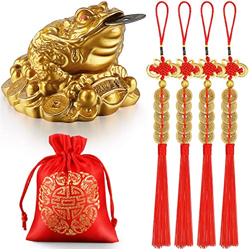 Chuangdi Feng Shui Money Frog with Chinese Coins Lucky Knots Red Blessing Bag Gold Three Legged Toad Decoration for Attracting Wealth Success Chinese New Year Gifts