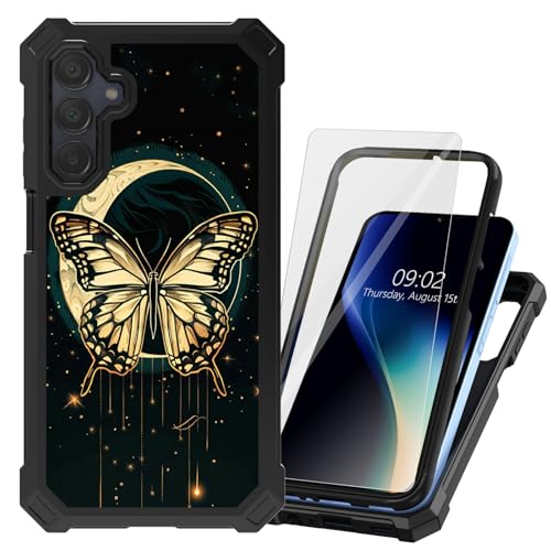 DHYYDSQZ for Samsung Galaxy A35 5G Case with Tempered Glass Screen Protector Heavy Duty Dual Layer Hybrid Butterfly Moon Cell Phone Cover Shockproof Protection Case for Samsung Galaxy A35 5G 6.6" 2024