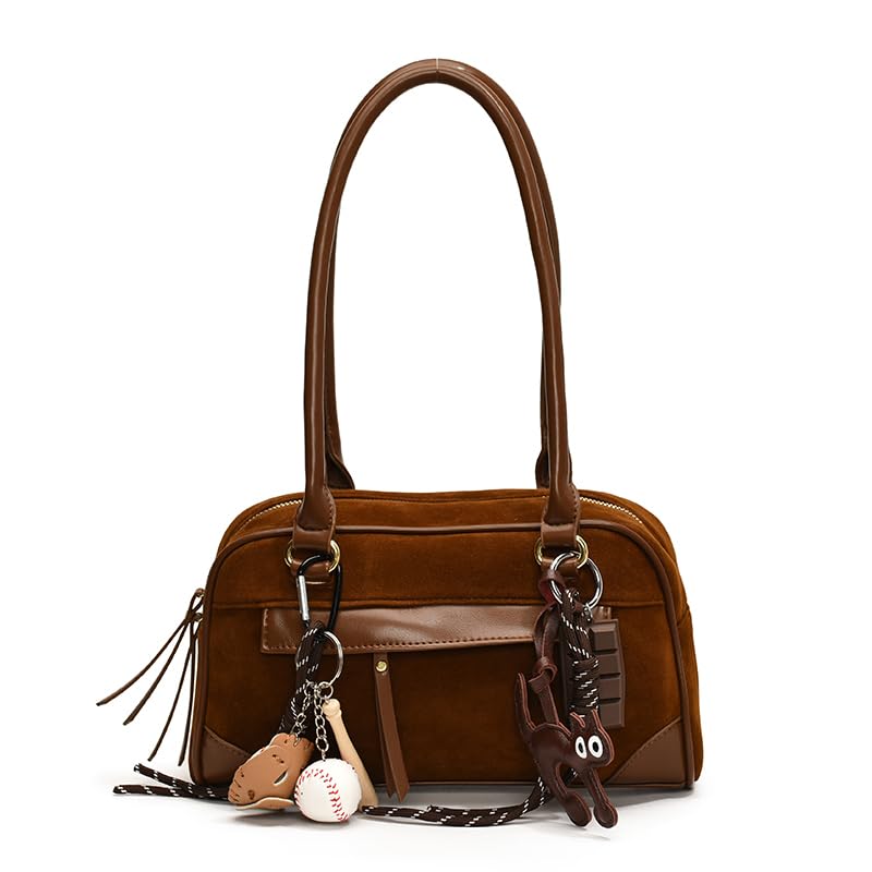 Suede Bag for Women 2025 Vintage Bowler Bag Y2k Shoulder Bag Brown Suede Fall Purse