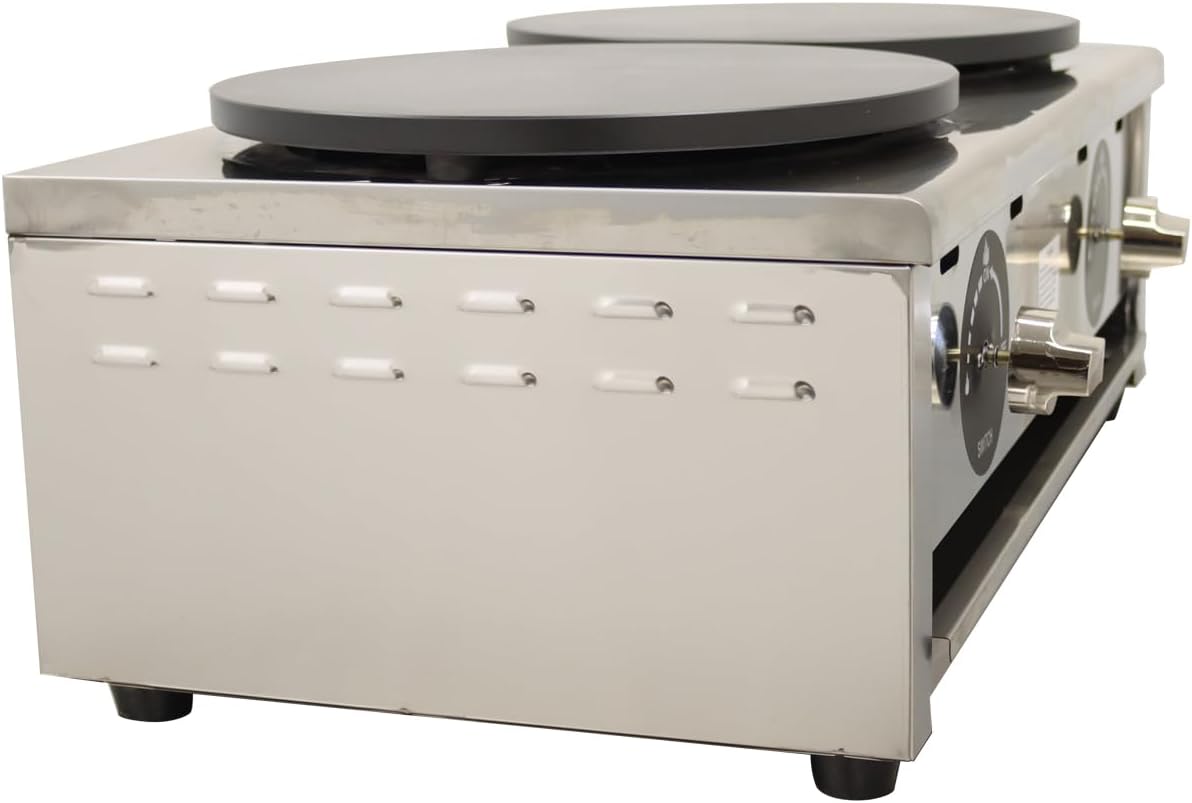 Double Headed Crepes Maker, 15.7" Diameter Baking Pan, Commercial Pancake Fruit Machine, LPG 2800PA, Furnace Pancak with Gas Pipe and Low Pressure Valve, Non Stick Coating