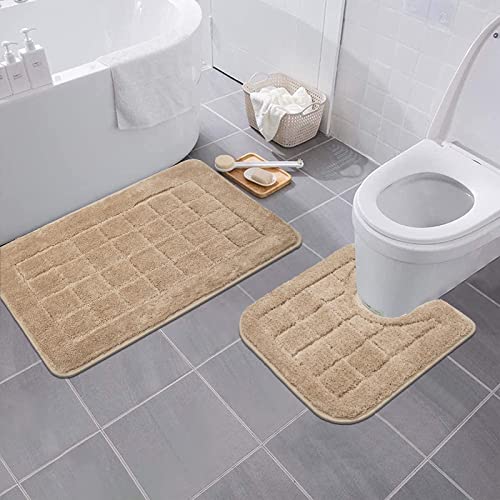 Hebe Bath Rug Set 2 Piece Beige Non Slip Bathroom Contour Rug Combo Microfiber Bath Shower Mat And U-Shaped Toilet Rug Machine Washable(21" X 34"+20"X 20") #TOP1