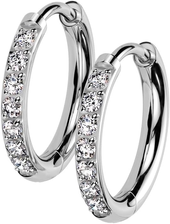 18GA F-136 Implant Grade Titanium CZ Crystal Lined 2mm Thick Hinged Round Hoop Earrings, Sold as a Pair