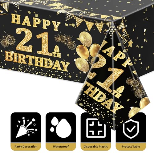 Image of Labeol 3 Pack 21st Birthday Tablecloth, Black and Gold Happy 21st Birthday Decorations, Disposable Plastic Rectangular Table Cover Party Supplies for Boys Girls