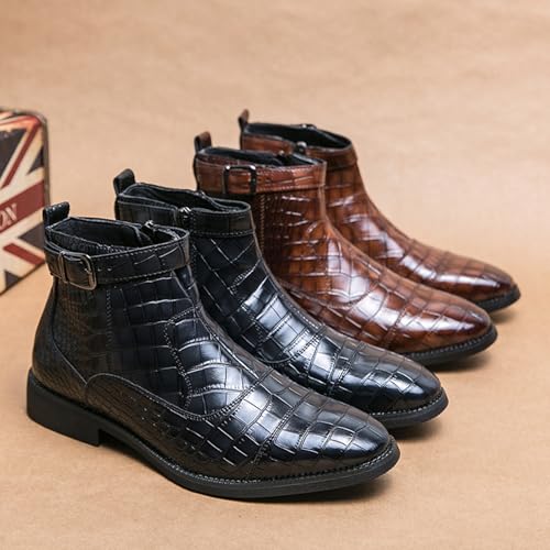 Men's Pattern Leather High Top Chelsea Boots with Buckle Strap Fashion British Style Pointed Toe Side Zipper Retro Business Dress Oxford Ankle Boots2