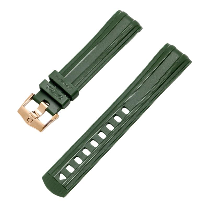20mm Correa de Caucho de Silicona Extremo Curvo, Repuesto Impermeable para Omega Seamaster 300-Verde + Oro Rosa Hebilla