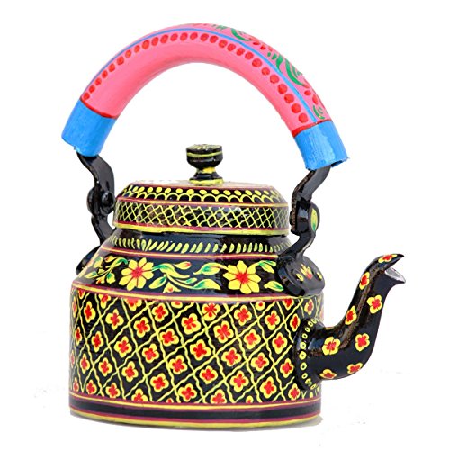 Image of iHandikart Handpainted Designer Aluminium Tea Kettle, 1 Litre - Vibrant Indian Art Tableware, Decorative & Functional 8x5.5x8 Inch (5068)